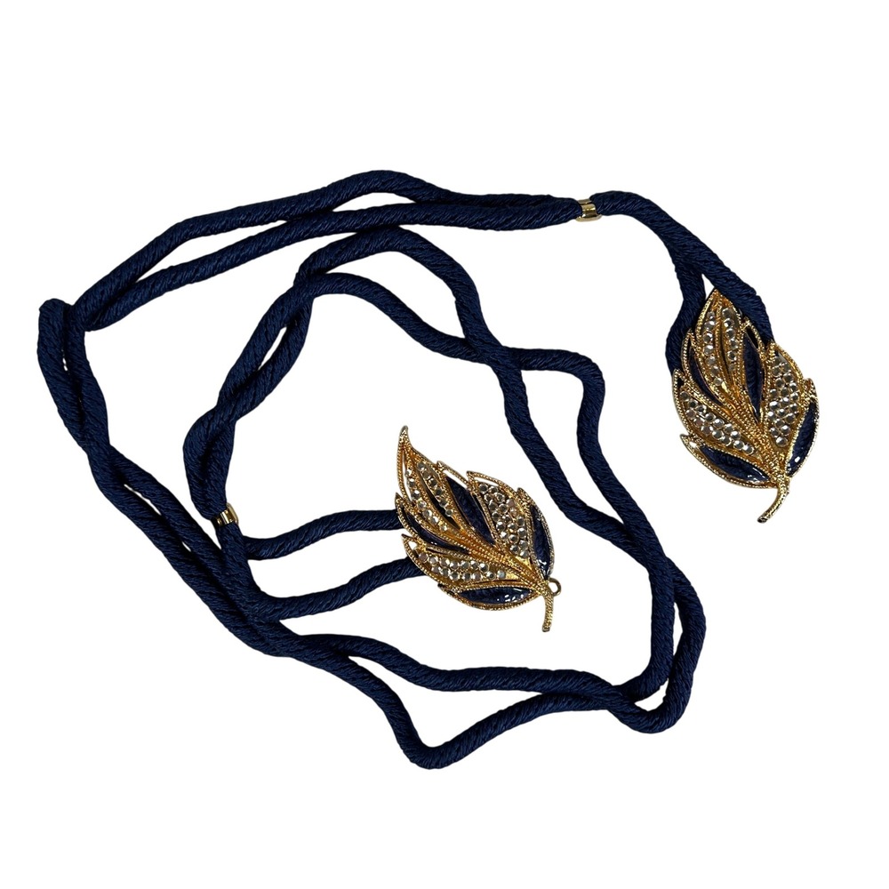 Vintage Navy Blue Rope Lariat Belt Gold Leaf Rhinestone Enamel Buckles VLC-578